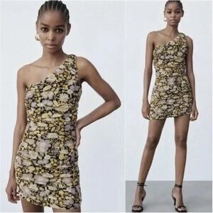 Zara Floral Ruched One Shoulder Mini Dress XS